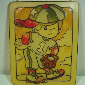 Vintage kid's project-plastic stained glass look picture--baseball player